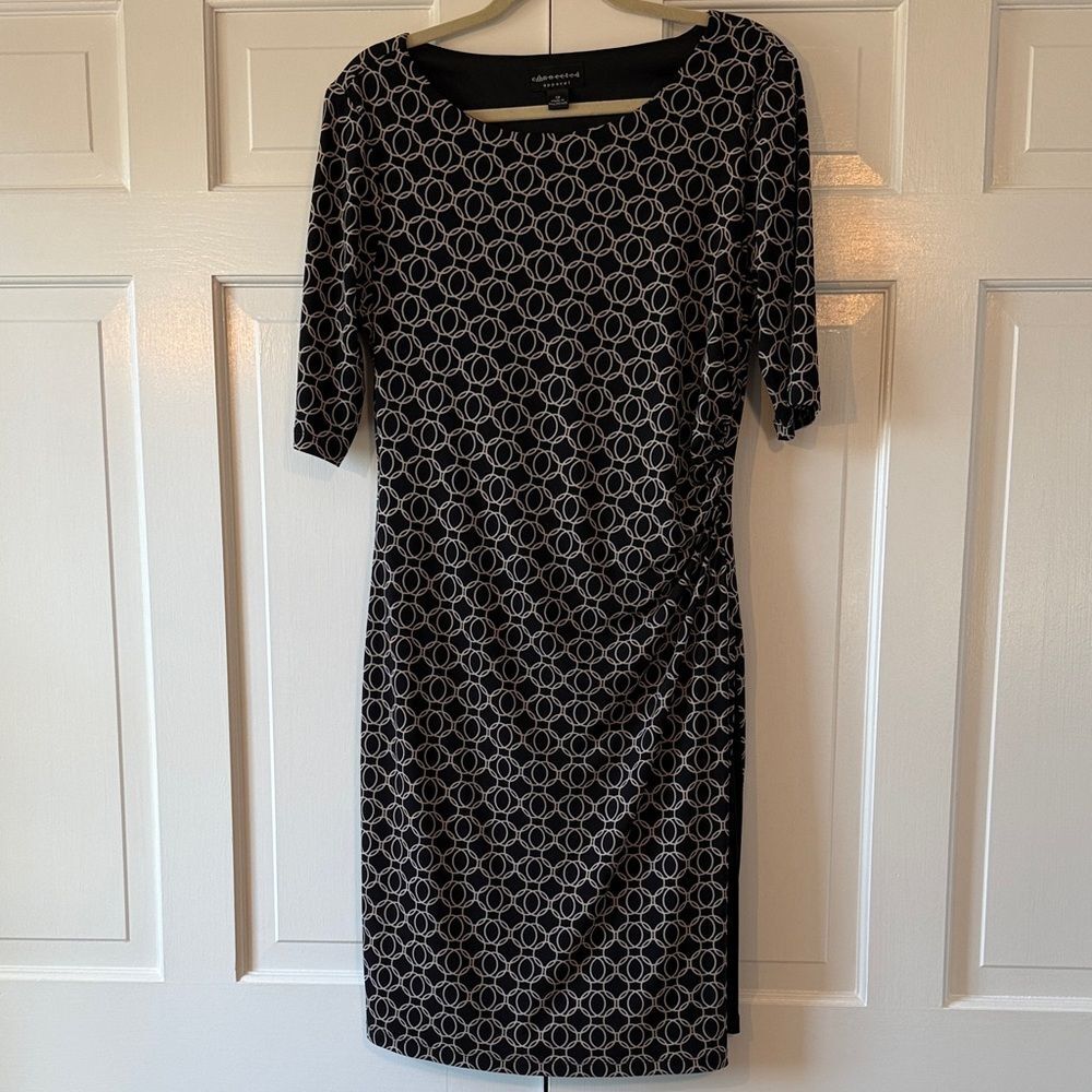 CONNECTED APPAREL Black Tan Circle Midi Dress Sheath Size 12 Short Sleeve